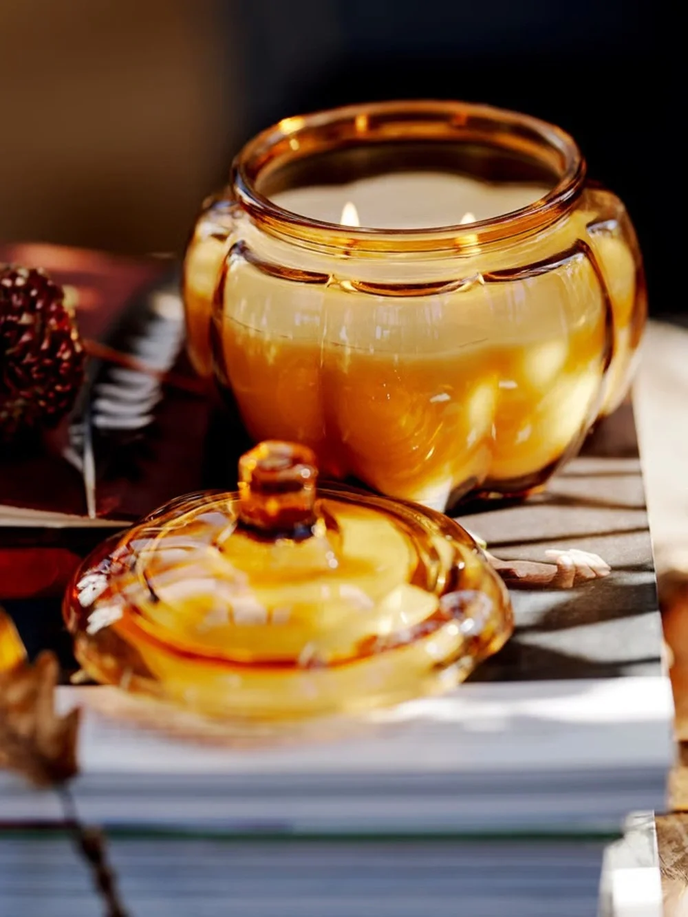 Amber Glass Candle Jar with Lid - Pumpkin Shape